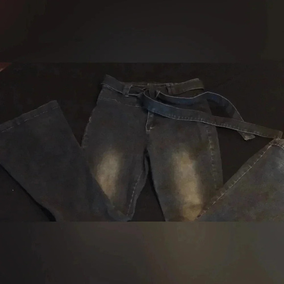 Women’s High-Rise Bell-Bottom Black Denim Jeans Flare Wide Leg & Belt-Med - Picture 6 of 13